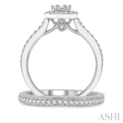 3/4 Ctw Baguette and Round Cut Diamond Bridal Set With 5/8 Ctw Cushion Shape Engagement Ring and 1/5 Ctw Wedding Band in 14K White Gold