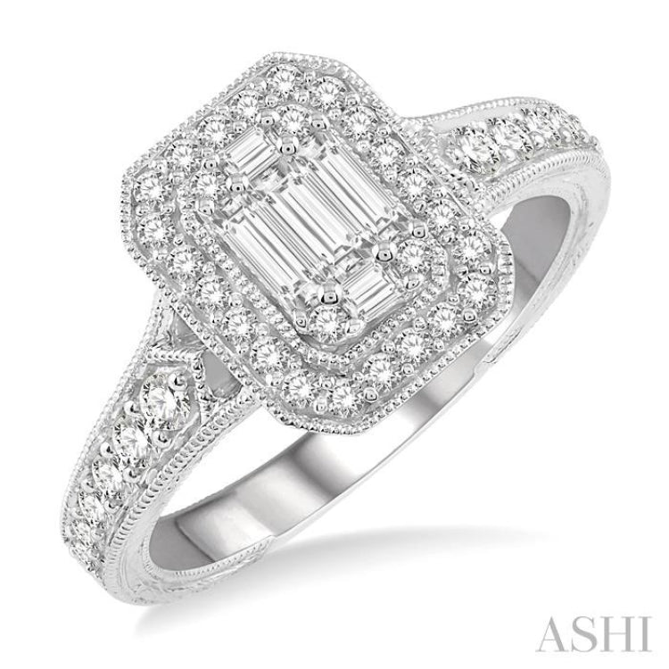 5/8 Ctw Octagonal Shape Round Cut and Baguette Diamond Ring in 14K White Gold