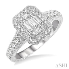 5/8 Ctw Octagonal Shape Round Cut and Baguette Diamond Ring in 14K White Gold