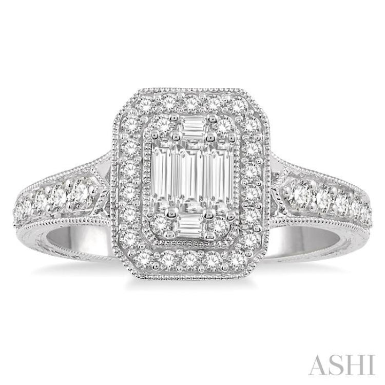 5/8 Ctw Octagonal Shape Round Cut and Baguette Diamond Ring in 14K White Gold