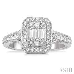 5/8 Ctw Octagonal Shape Round Cut and Baguette Diamond Ring in 14K White Gold