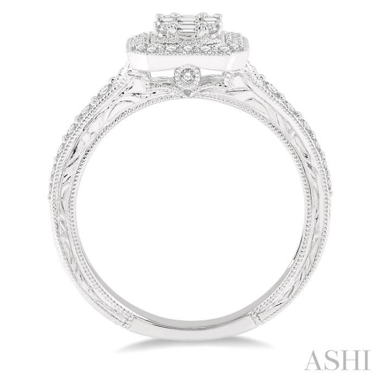 5/8 Ctw Octagonal Shape Round Cut and Baguette Diamond Ring in 14K White Gold