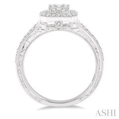 5/8 Ctw Octagonal Shape Round Cut and Baguette Diamond Ring in 14K White Gold