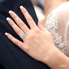 1 3/8 Ctw Lovebright Round Cut Diamond Wedding Set With 1 1/6 Ctw Cushion Shape Engagement Ring and 1/4 Ctw Scooped Wedding Band in 14K White Gold