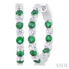 2.4 MM Round Shape Emerald and 5/8 Ctw Interior & Exterior Round Cut Diamond Precious Hoop Earring in 14K White Gold