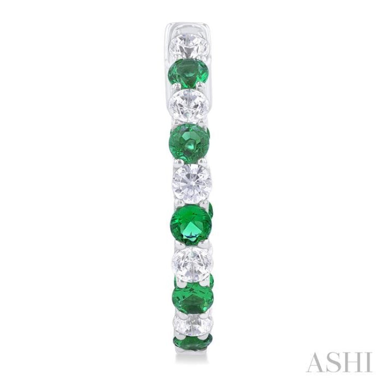 2.4 MM Round Shape Emerald and 5/8 Ctw Interior & Exterior Round Cut Diamond Precious Hoop Earring in 14K White Gold