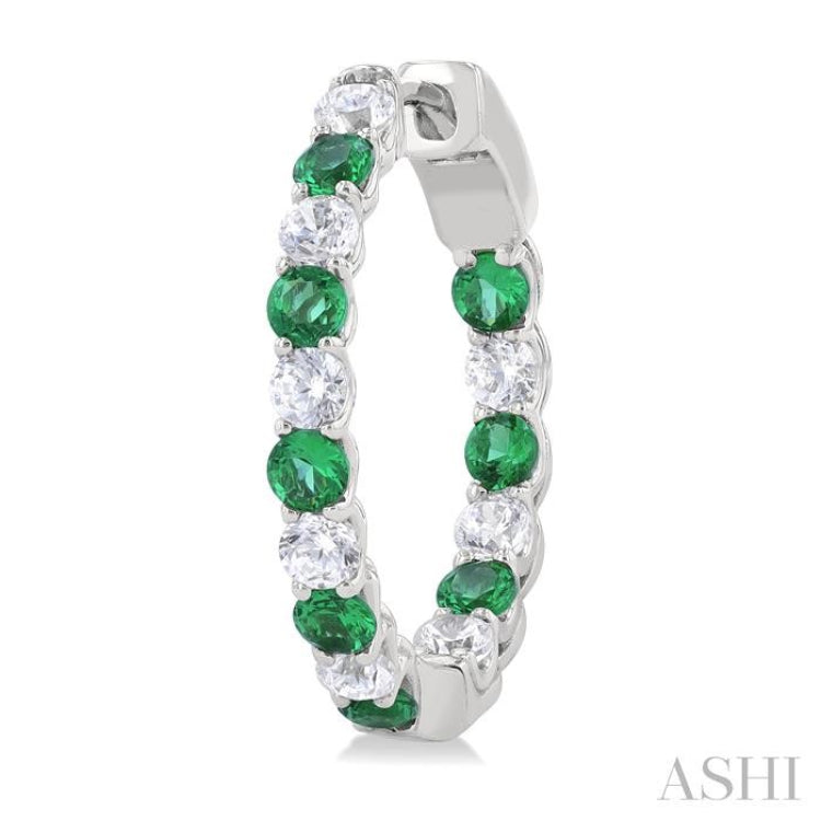 2.4 MM Round Shape Emerald and 5/8 Ctw Interior & Exterior Round Cut Diamond Precious Hoop Earring in 14K White Gold