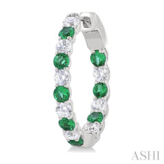 2.4 MM Round Shape Emerald and 5/8 Ctw Interior & Exterior Round Cut Diamond Precious Hoop Earring in 14K White Gold