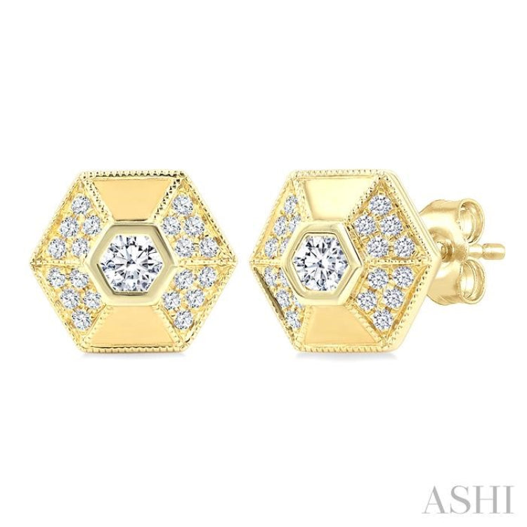 3/8 Ctw Hexagon Shape Round Cut Diamond Fashion Stud Earrings in 14K Yellow Gold