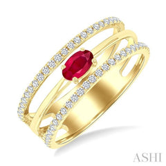 5x3 MM East-West Set Oval Cut Ruby and 1/4 Ctw Round Cut Diamond Precious Layered Fashion Ring in 10K Yellow Gold