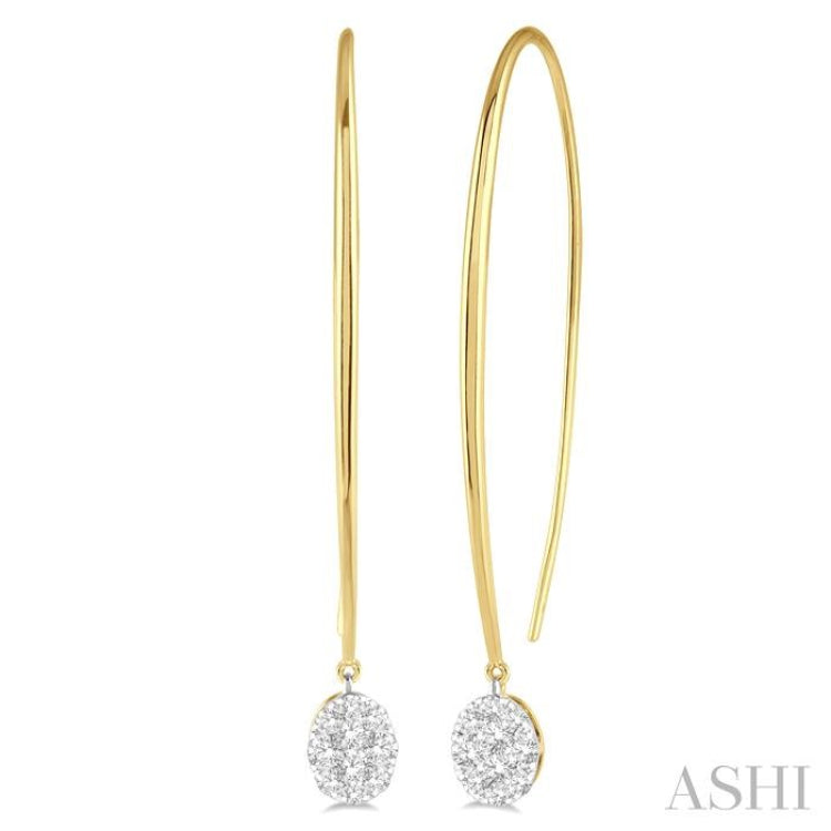 1/2 Ctw Oval Shape Dangler Lovebright Round Cut Diamond Earring in 14K Yellow and White Gold