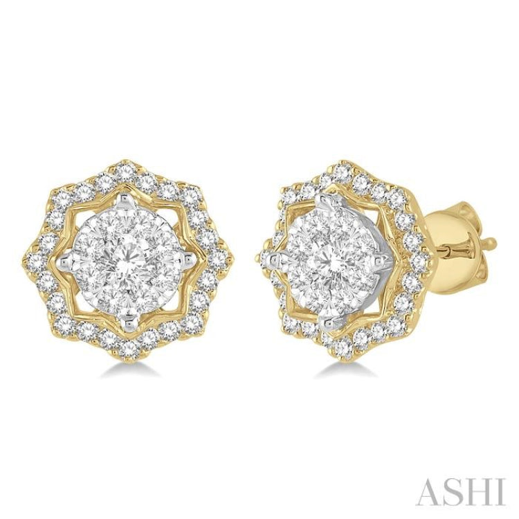 3/4 Ctw Star Lattice Lovebright Round Cut Diamond Earring in 14K Yellow and White Gold
