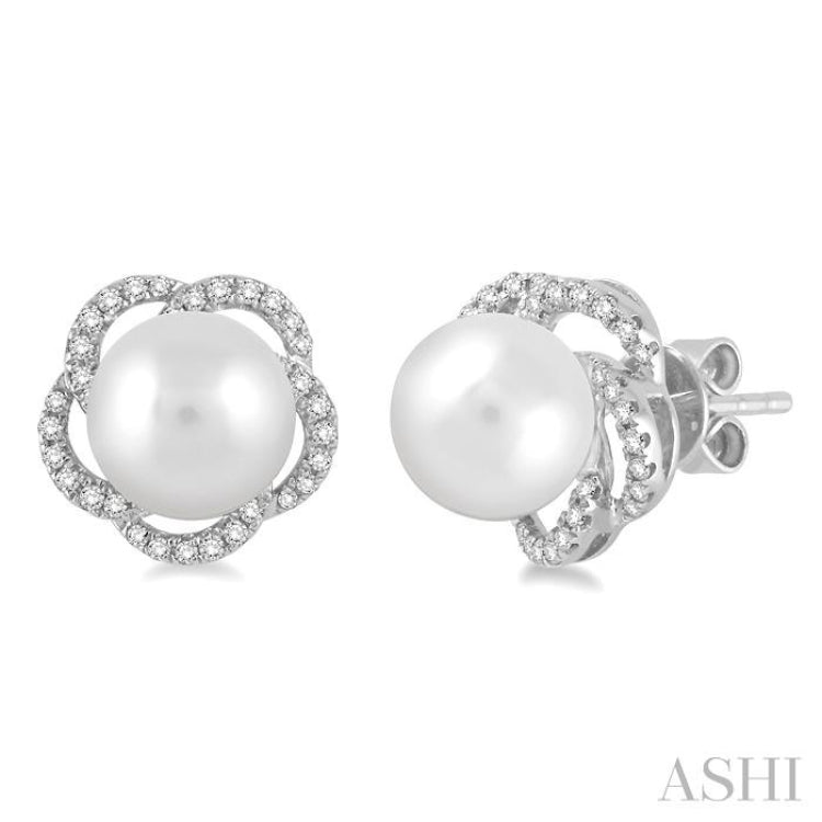 7 MM Cultured Pearls and 1/5 Ctw Round Cut Diamond Earrings in 14K White Gold