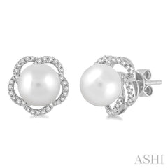 7 MM Cultured Pearls and 1/5 Ctw Round Cut Diamond Earrings in 14K White Gold