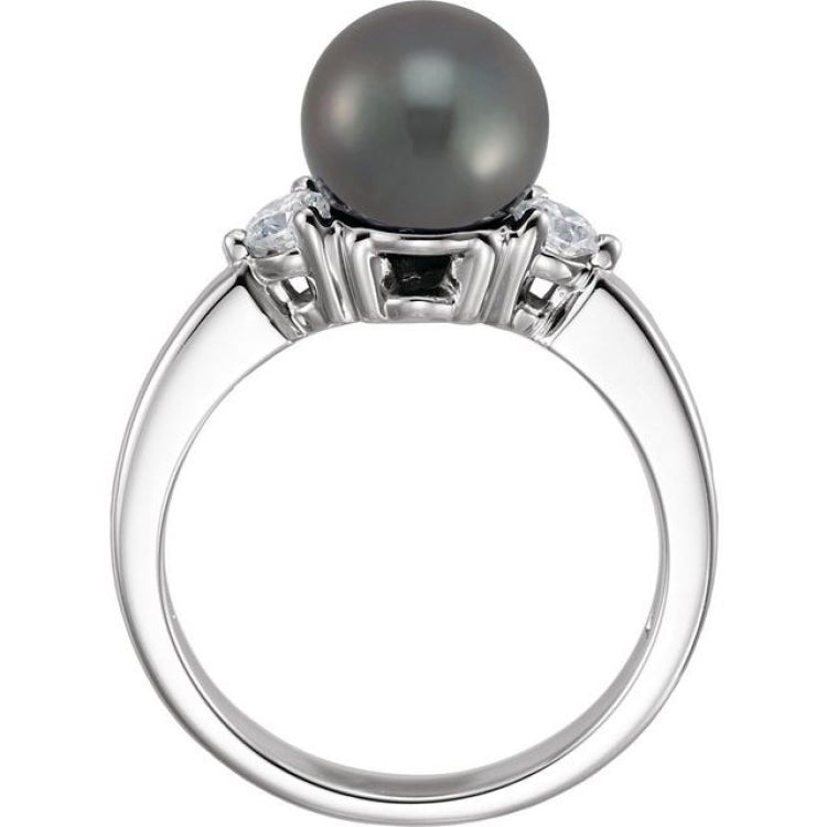 14K White Gold Cultured Black Akoya Pearl & 1/4 CTW Natural Diamond Ring