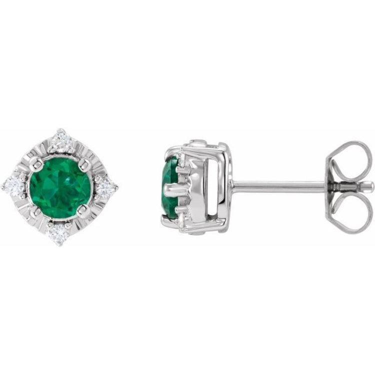 Sterling Silver Lab-Grown Emerald & .08 CTW Natural Diamond Halo-Style Earrings