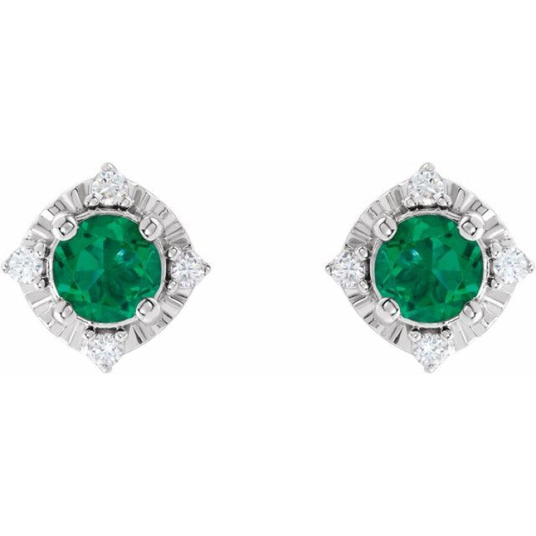 Sterling Silver Lab-Grown Emerald & .08 CTW Natural Diamond Halo-Style Earrings