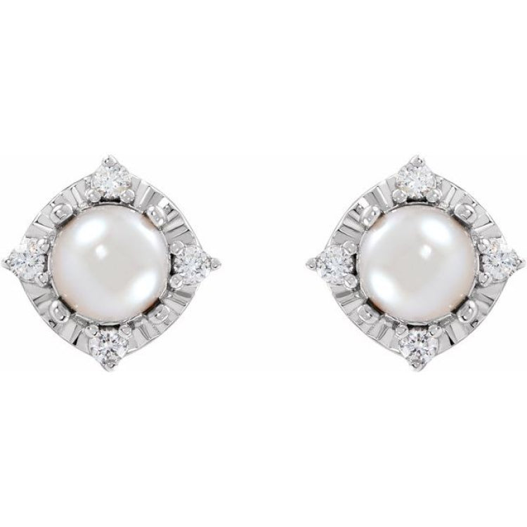 Sterling Silver Cultured White Freshwater Pearl & .08 CTW Natural Diamond Halo-Style Earrings