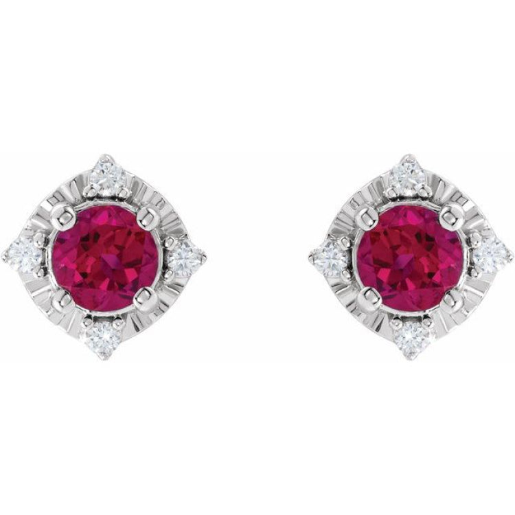 Sterling Silver Lab-Grown Ruby & .08 CTW Natural Diamond Halo-Style Earrings