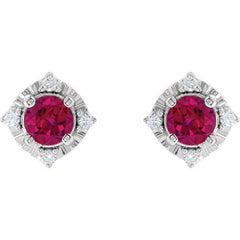 Sterling Silver Lab-Grown Ruby & .08 CTW Natural Diamond Halo-Style Earrings