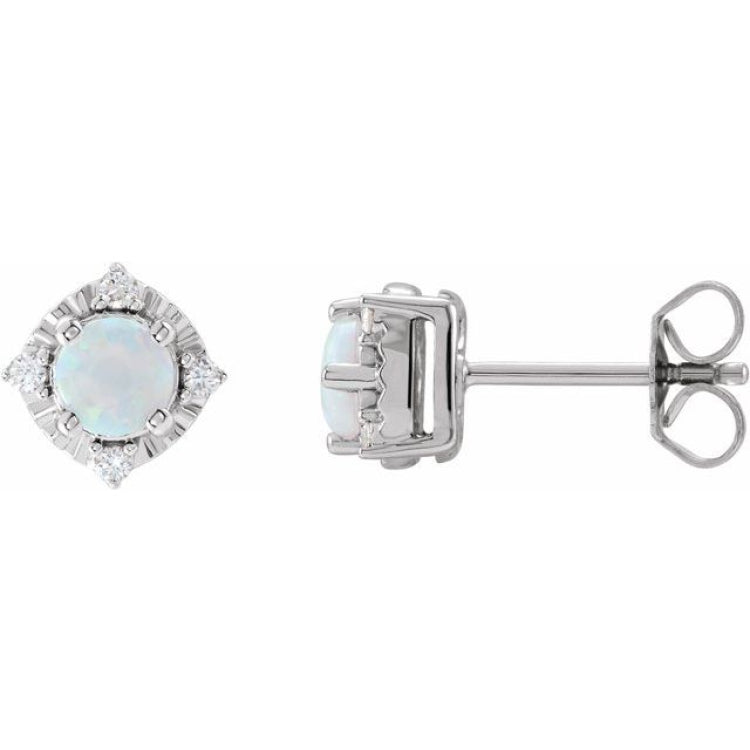 14K White Gold Lab-Grown White Opal & .08 CTW Natural Diamond Halo-Style Earrings