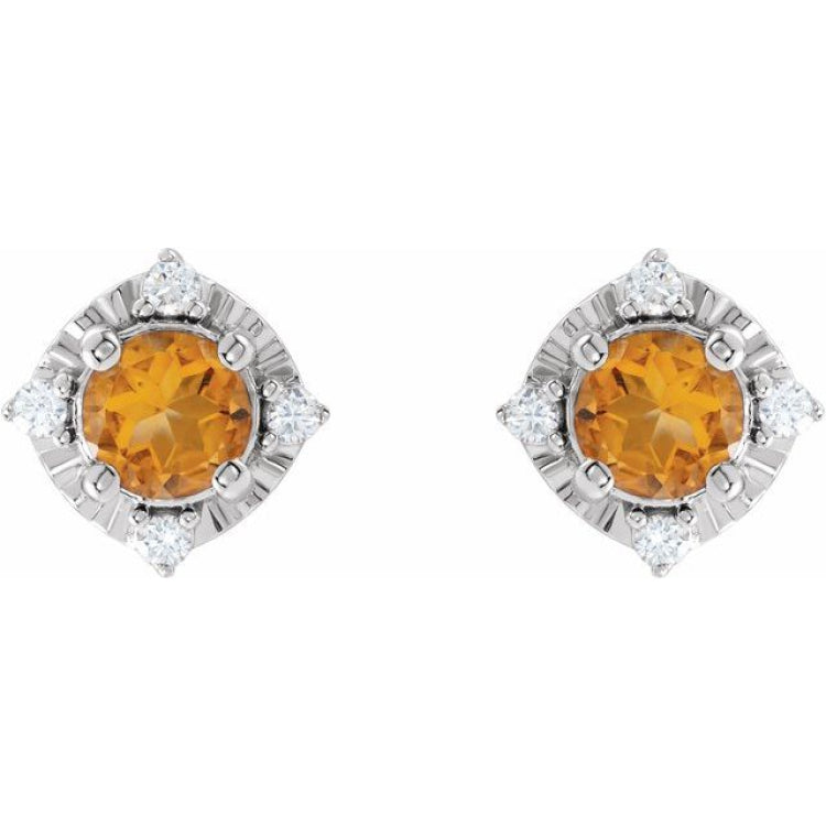 Sterling Silver Natural Citrine & .08 CTW Natural Diamond Halo-Style Earrings