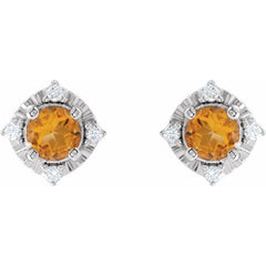 Sterling Silver Natural Citrine & .08 CTW Natural Diamond Halo-Style Earrings