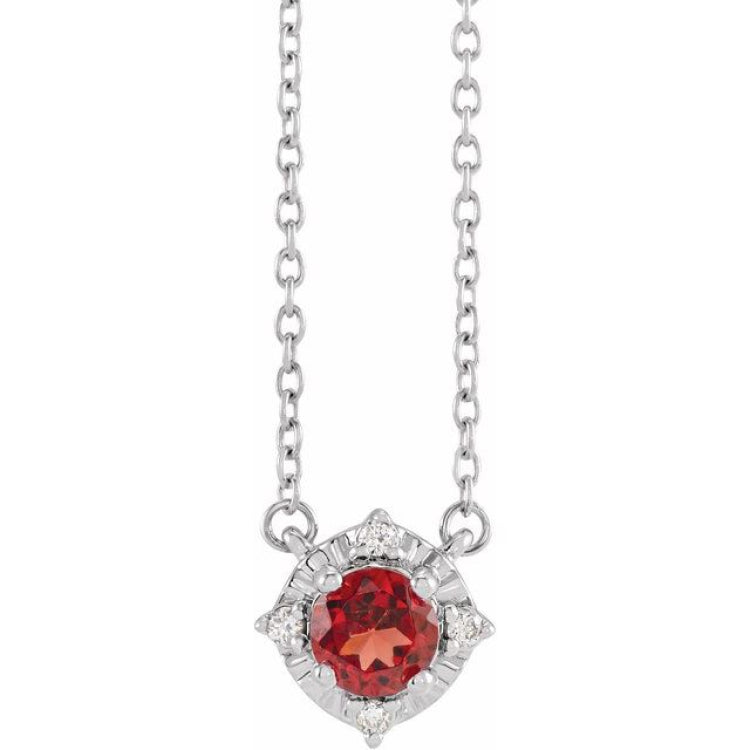 Sterling Silver Natural Mozambique Garnet & .04 CTW Natural Diamond Halo-Style 18" Necklace