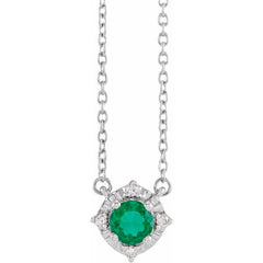 Sterling Silver Lab-Grown Emerald & .04 CTW Natural Diamond Halo-Style 18" Necklace