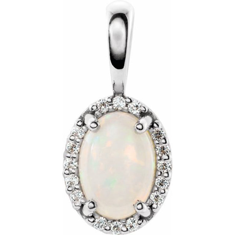 14K White Gold Natural White Opal & .04 CTW Natural Diamond Halo-Style Pendant