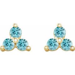 14K Yellow Gold Natural Blue Zircon Three Stone Earrings