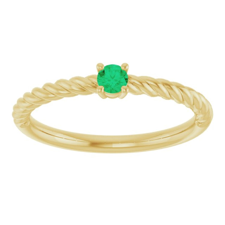 14K Yellow Gold 3 mm Lab-Grown Emerald Solitaire Rope Ring