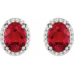 14K White Gold 5x3 mm Lab-Grown Ruby & .04 CTW Natural Diamond Halo-Style Earrings