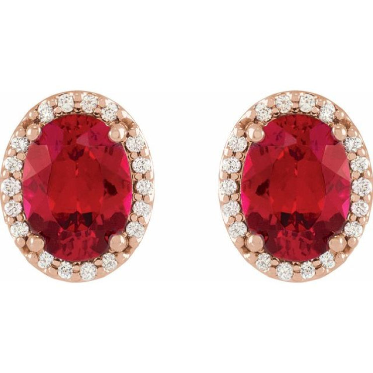 14K Rose Gold 5x3 mm Lab-Grown Ruby & .04 CTW Natural Diamond Halo-Style Earrings