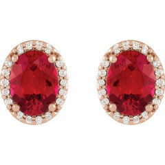14K Rose Gold 5x3 mm Lab-Grown Ruby & .04 CTW Natural Diamond Halo-Style Earrings