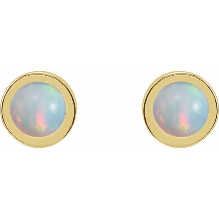 14K Yellow Gold Cabochon Natural White Opal Bezel-Set Solitaire Earrings