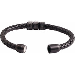 Black PVD Stainless Steel 6 mm Braided Leather 8" Bracelet