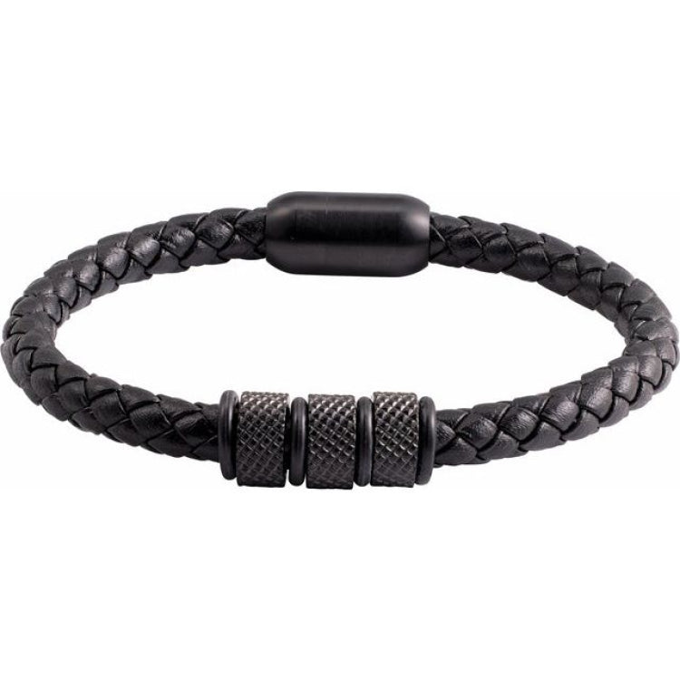 Black PVD Stainless Steel 6 mm Braided Leather 8 1/8" Bracelet
