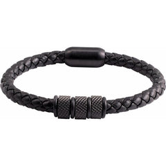 Black PVD Stainless Steel 6 mm Braided Leather 9" Bracelet