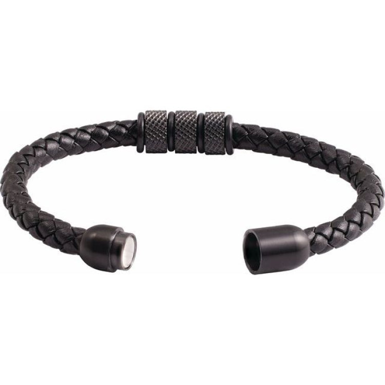 Black PVD Stainless Steel 6 mm Braided Leather 9" Bracelet