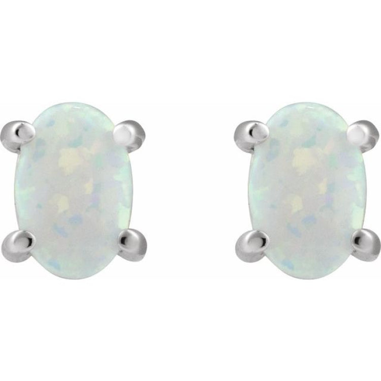 14K White Gold 6x4 mm Oval Lab-Grown White Opal Earrings