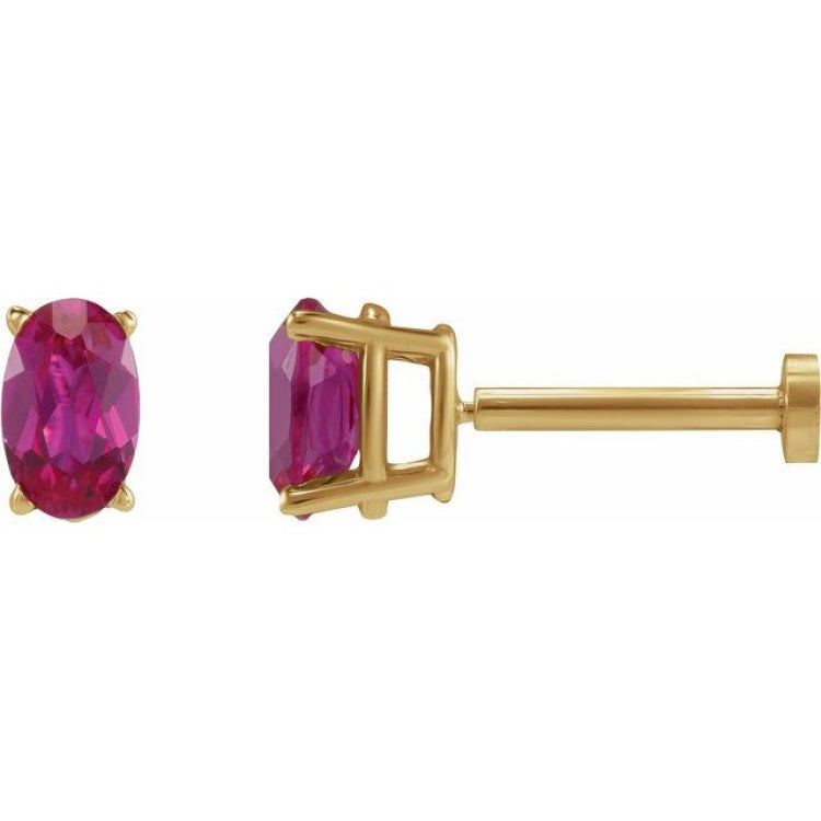 14K Yellow Gold 5x3 mm  Lab-Grown Ruby Earring