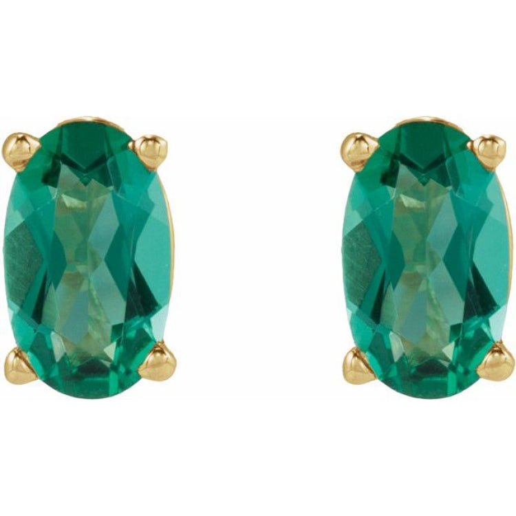 14K Yellow Gold 5x3 mm  Lab-Grown Emerald Earring