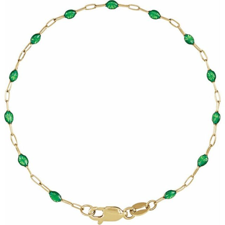 14K Yellow Gold-Filled 1.6 mm Green Enamel Bead Paperclip-Style 7" Chain