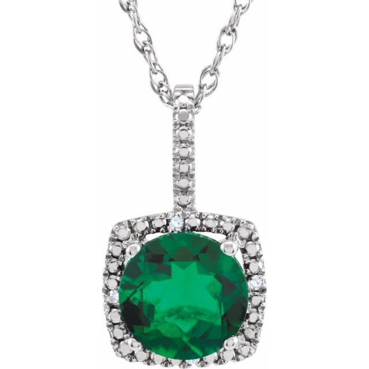 Sterling Silver 7 mm Lab-Grown Emerald & .015 CTW Natural Diamond 18" Necklace