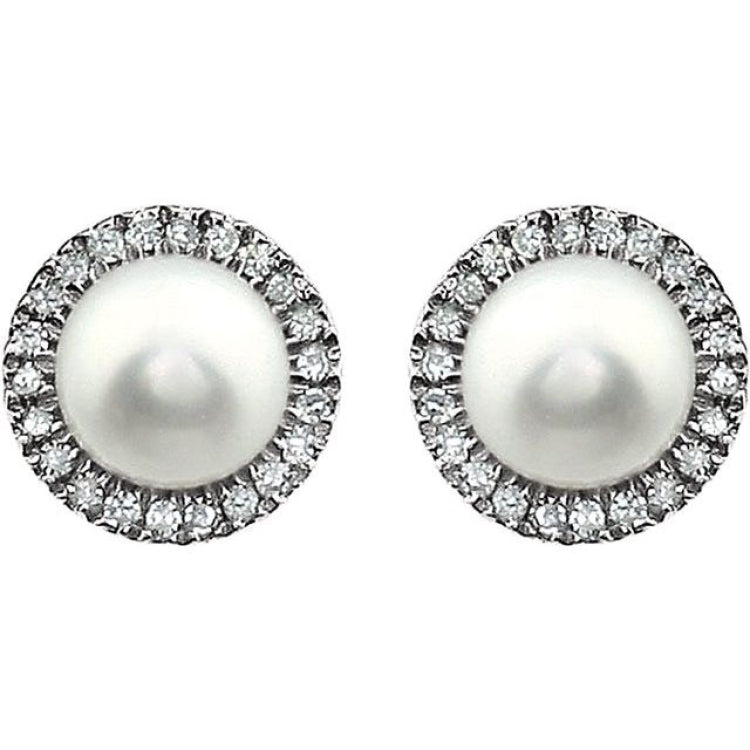 14K White Gold Cultured White Freshwater Pearl & 1/8 CTW Natural Diamond Earrings