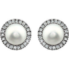 14K White Gold Cultured White Freshwater Pearl & 1/8 CTW Natural Diamond Earrings