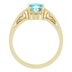 14K Yellow Gold Natural Blue Zircon Solitaire Scroll Setting® Ring