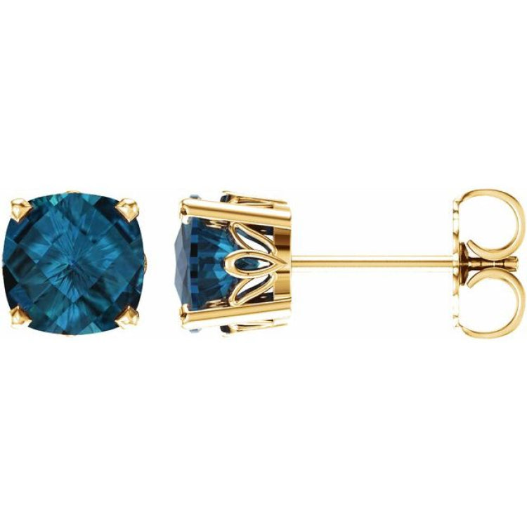 14K Yellow Gold 6x6 mm Cushion Natural London Blue Topaz Earrings