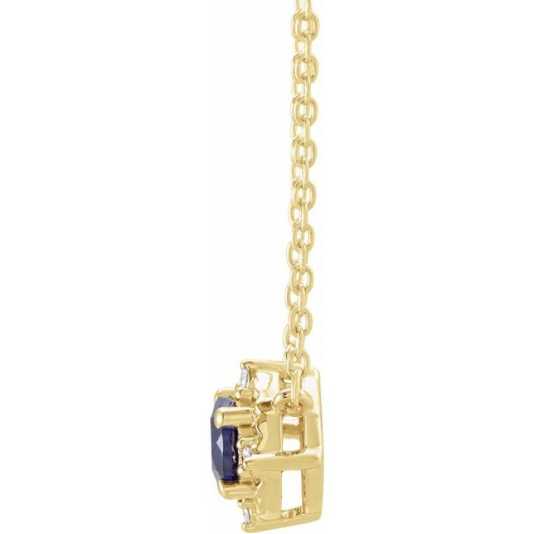 14K Yellow Gold Lab-Grown Blue Sapphire & .04 CTW Natural Diamond Halo-Style 18" Necklace